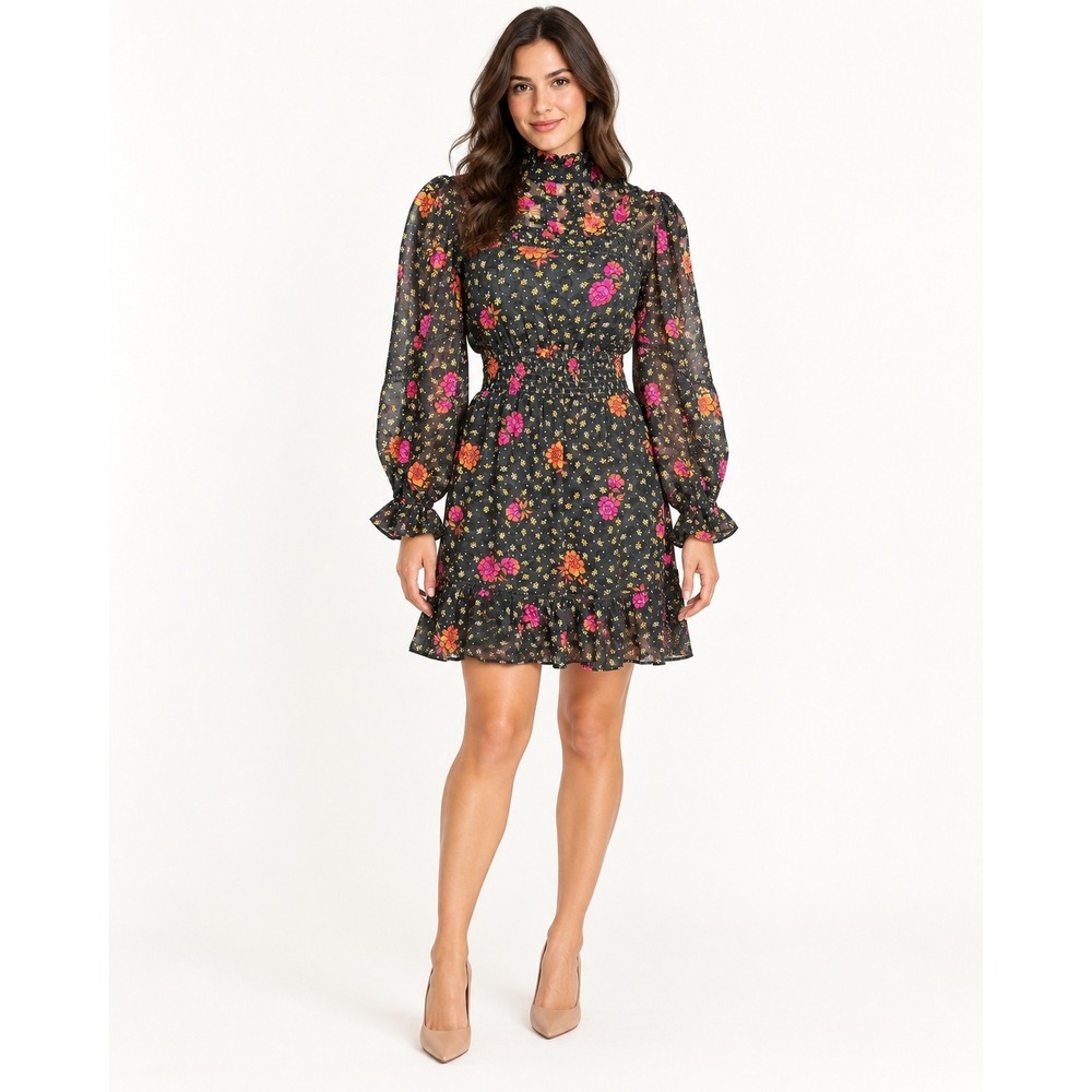 Angie Womens Floral Mini Dress Small Black Smocked Waist Ruffle Romantic Dark
